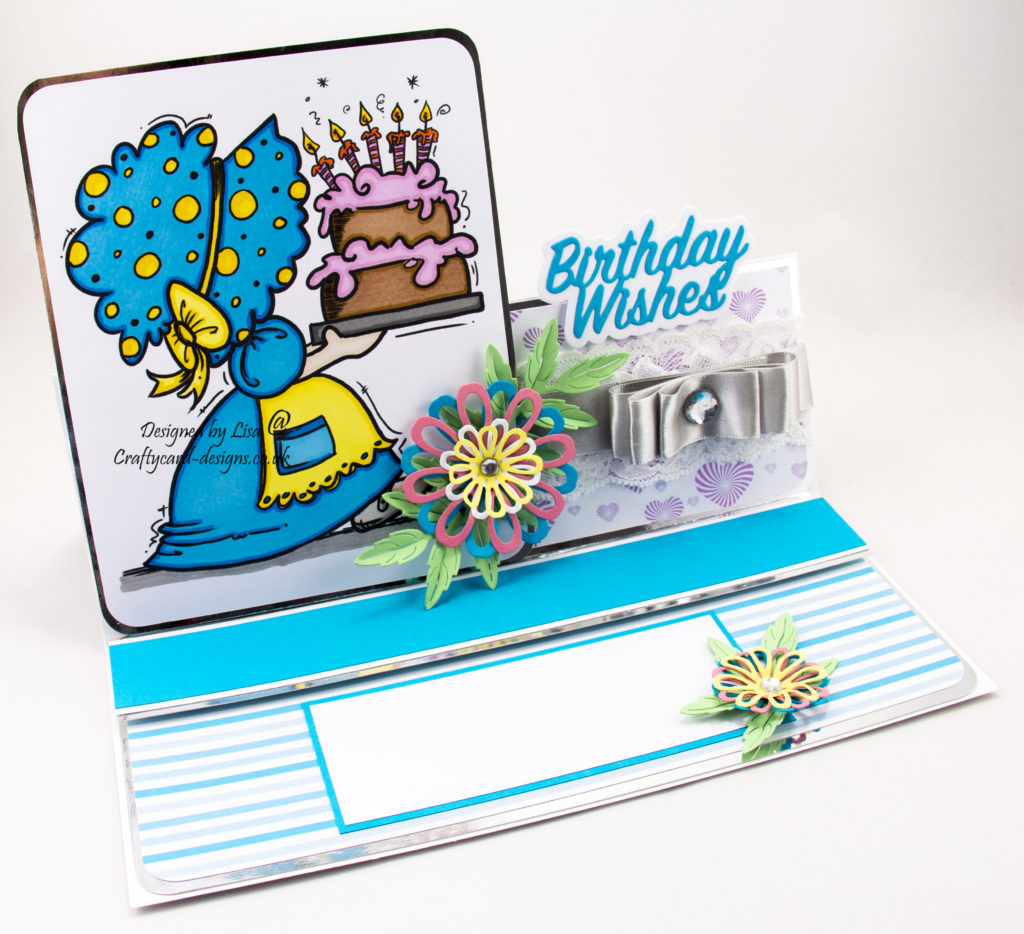 Today’s handmade card has been created for the new challenge at I Love Promarkers Blog Challenge #383 that starts today. The optional theme for this challenge is to add embossing but you must use either promarkers, flexmarkers, aquamarkers or trias on your work. I have used a digi image from Bugaboo Stamps called Sunbonnet Birthday Cake