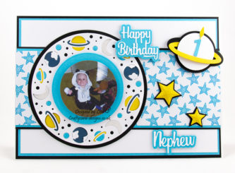 Stars, moon and planets, first birthday card