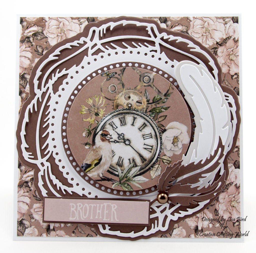 Steampunk handmade card with clock and feathers
