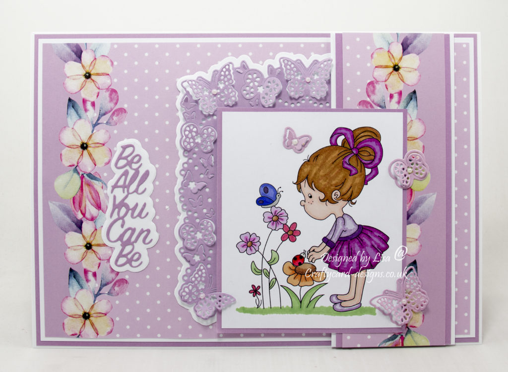 Handmade card using a  digi image from Crafty Sentiments Designs called Harriet-Lady Bird and Butterfly