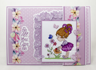 Handmade card using a digi image from Crafty Sentiments Designs called Harriet-Lady Bird and Butterfly