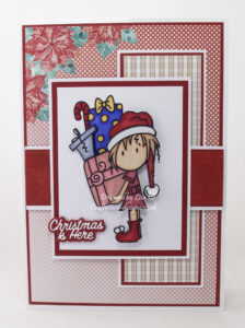 Handmade card using digi image from Bugaboo Stamps called Deacon elf presents