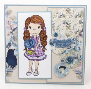 Handmade card using a digi image from Paper Nest Dolls called Avery With Rose