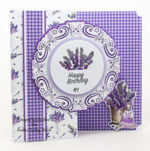handmade card has been created using a paper collection and stamp collection called Lavender Fields