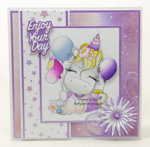 Handmade card using a digi image from Polkadoodles called Special Time Sparkle Unicorn.