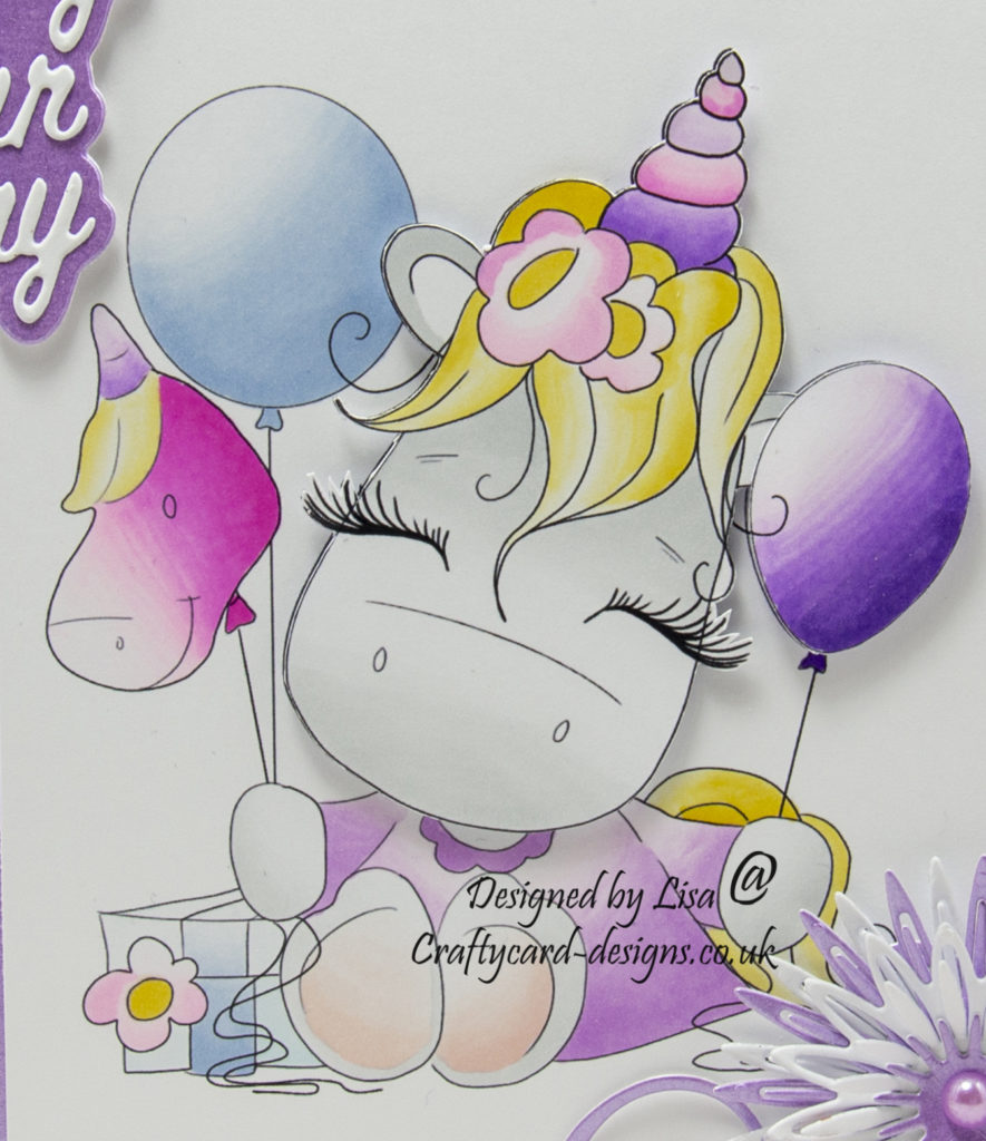 Handmade card using a digi image from Polkadoodles called Special Time Sparkle Unicorn.