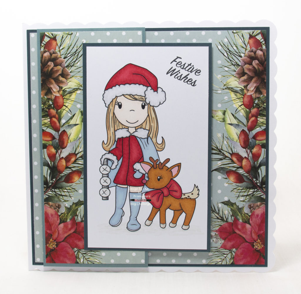 Handmade card using a digi image from Paper Nest Dolls called Holiday Friends