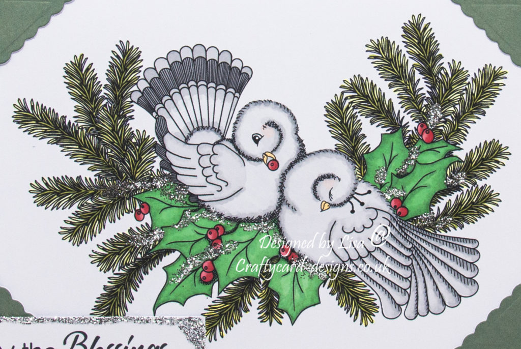 Today’s handmade card has been created for the new challenge at Aud Sentiments challenge blog using a digi image called Christmas Doves