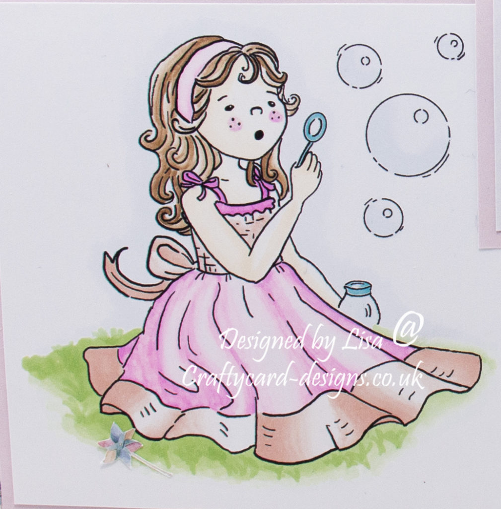Handmade card using a digital image called Emma Blowing Bubbles