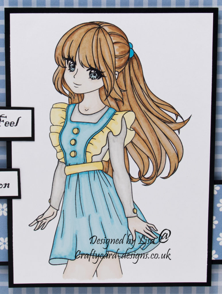 Handmade card using digital image from Stampers Delight called Anime Alice