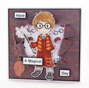 Handmade card using a digital image from Paper Nest Dolls called Boy Wizard