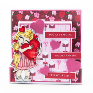 Handmade card using a digital image from Hetty Clare Art called Mini Miss Valentine