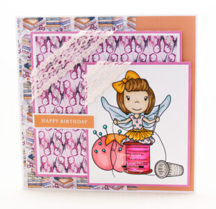 Handmade card using a digital image from Paper Nest Dolls called Sewing Fairy Sophie