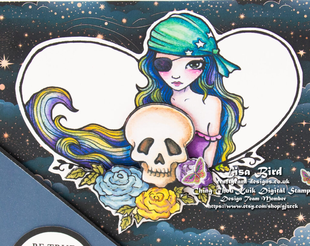 Handmade card using a digital image from Ching-Chou Kuik called Pirate, Skeleton, Roses.