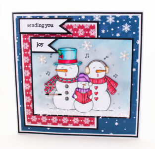 Handmade card using a digital image from Paper Nest Dolls called Caroling Snowman